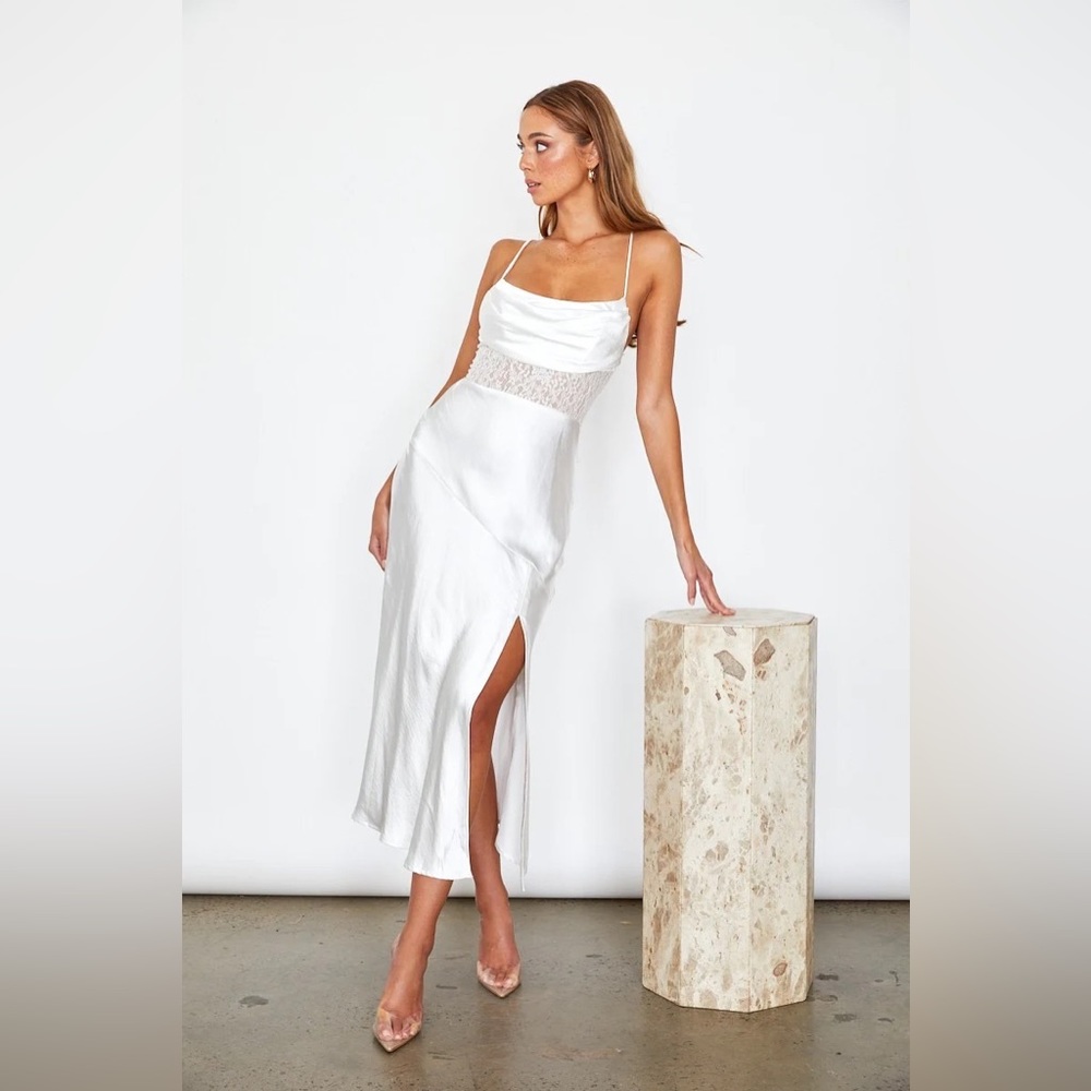 White Satin Midi Slip Dress with Lace Waist